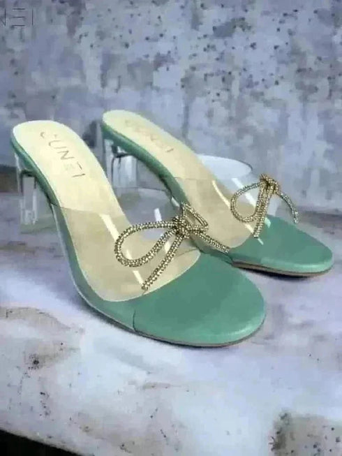 Pastel Green Clear Strap Bella Heels with Bow - cunei